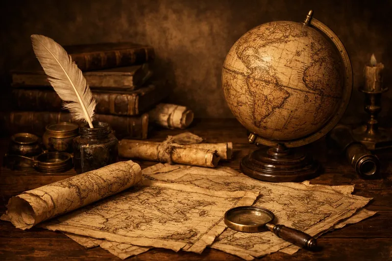 An old globe on a dark wooden desk, with a feather quill in an inkwell, rolled and open maps and a magnifying glass.